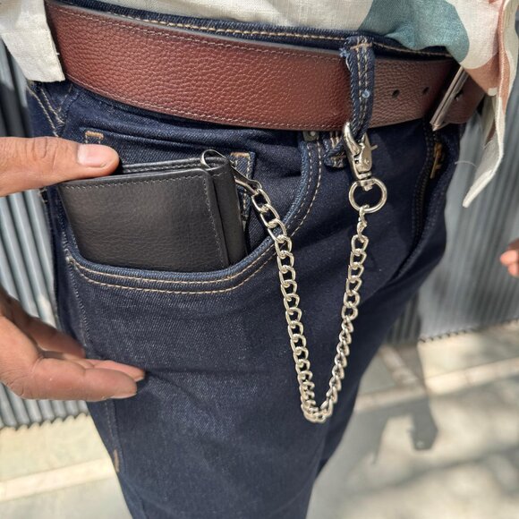 Men's Biker Wallet in Genuine Leather, Trifold Long Chain Wallet With RFID Block - Picture 4 of 8